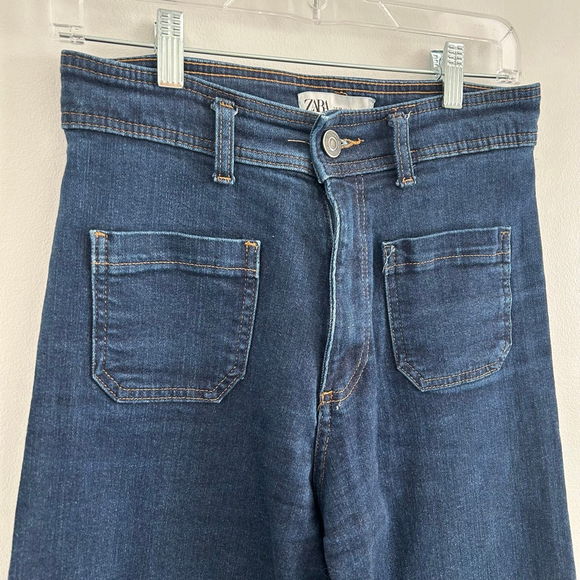 ZARA High Rise Wide Leg Marine Patch Pocket Jeans Cropped Size 6 - Picture 4 of 12